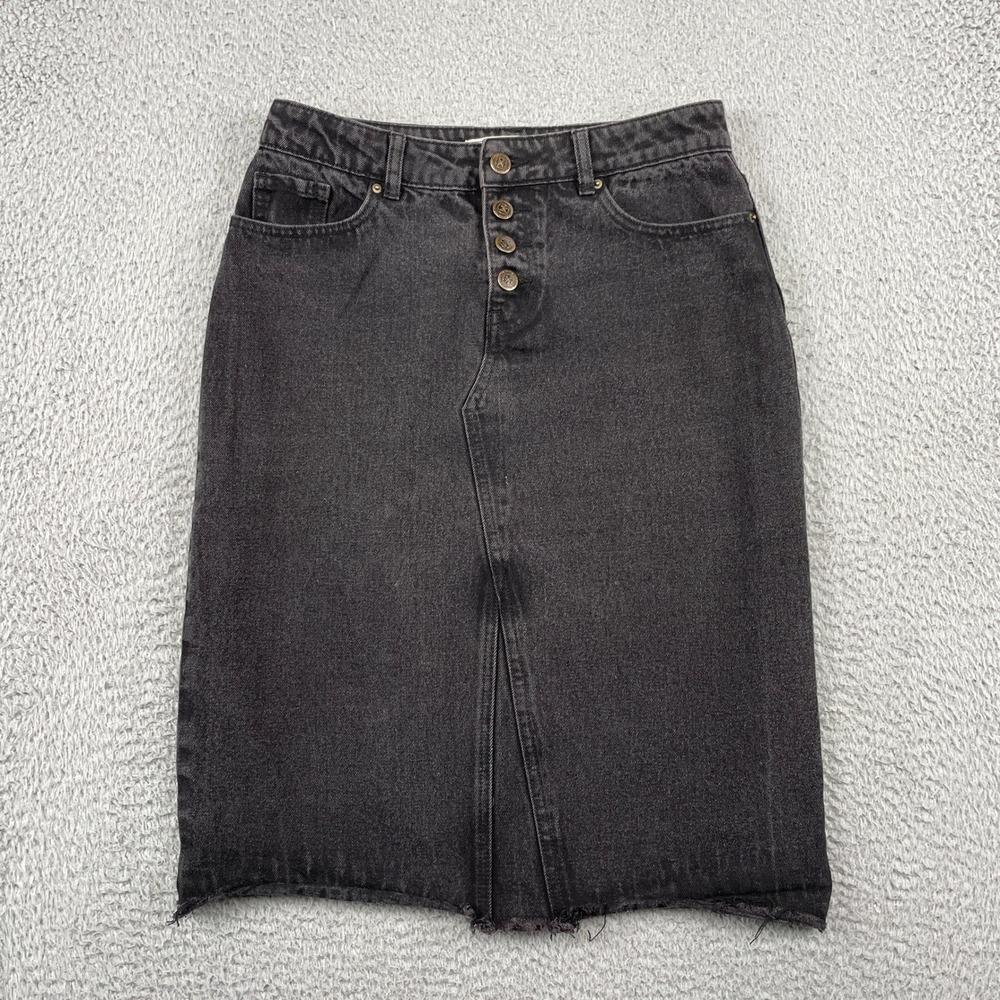 The Main Street Exchange Denim Skirt Womens 6 Black Button Front Raw Hem Midi